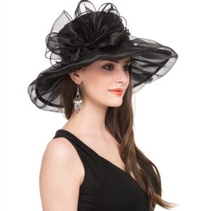 Women's Organza Church Kentucky Derby British Fascinator Bridal Tea Party Wedding Hat Summer Ruffles Cap（H5-Black Bowknot）