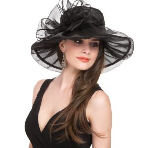 Women's Organza Church Kentucky Derby British Fascinator Bridal Tea Party Wedding Hat Summer Ruffles Cap（H5-Black Bowknot）