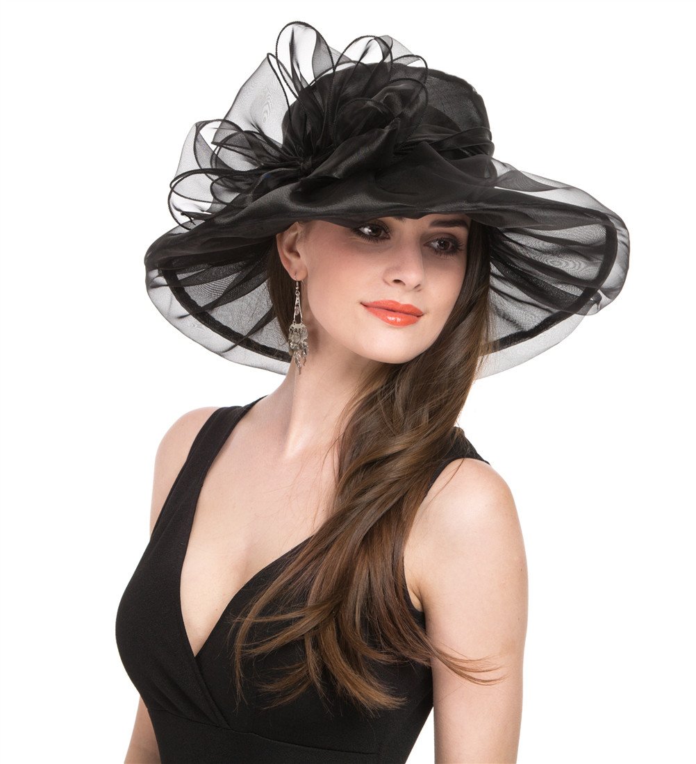 Women's Organza Church Kentucky Derby British Fascinator Bridal Tea Party Wedding Hat Summer Ruffles Cap（H5-Black Bowknot）