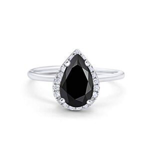 Simulated Black Cubic Zirconia Size-8 Halo Teardrop Pear Wedding Engagement Ring Round Simulated Cubic Zirconia 925 Sterling Silver