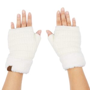 c.c fingerless gloves fuzzy lined knit wrist warmer solid ribbed glove (flg-25) (ivory)