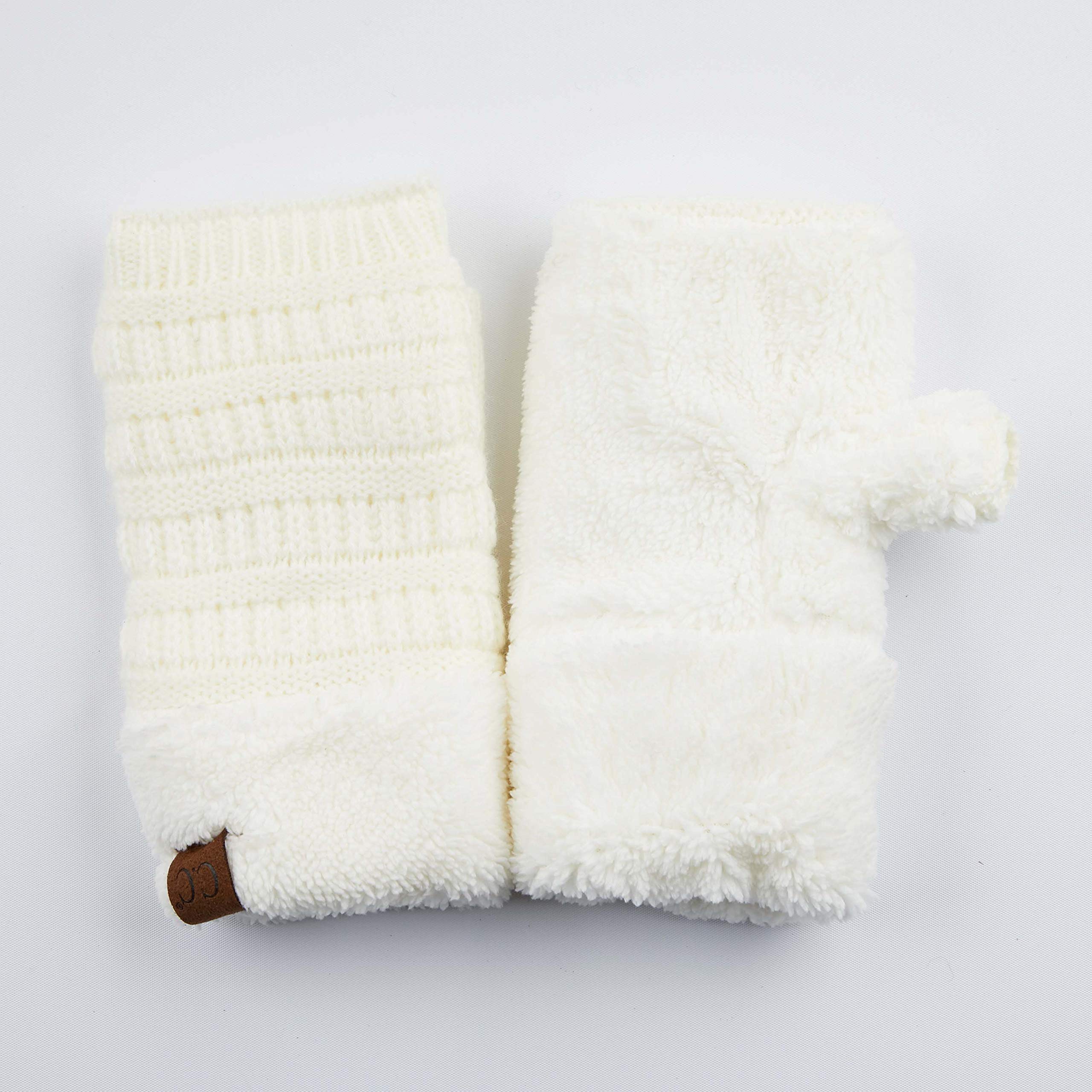 C.C Fingerless Gloves Fuzzy Lined Knit Wrist Warmer Solid Ribbed Glove (FLG-25) (Ivory)