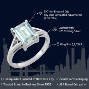 Gem Stone King 925 Sterling Silver Sky Blue Simulated Aquamarine Solitaire Engagement Ring For Women (2.30 Cttw, Emerald Cut 9X7MM, Gemstone Birthstone, Available in Size 5,6,7,8,9)