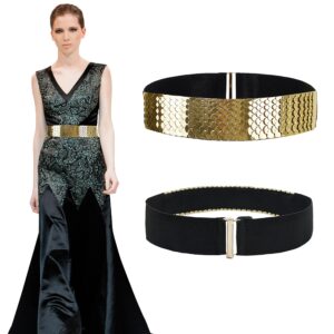 bellady fashion women's center-scaled texturized metallic stretch belt,gold