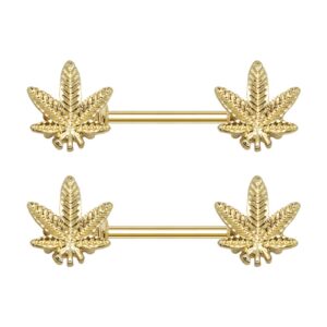 Pierce2GO 2 Pcs 14G Gold Marijuana Leaf Nipplerings Piercing Women Nipple Rings - 9/16" Barbell (Gold)