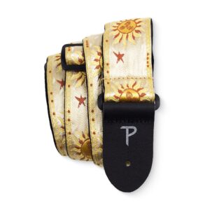 perris leather guitar strap - sunshine motif jacquard ribbon guitar strap, with leather ends - electric/acoustic/bass guitar strap - adjustable strap from 39″ to 58″ - gold