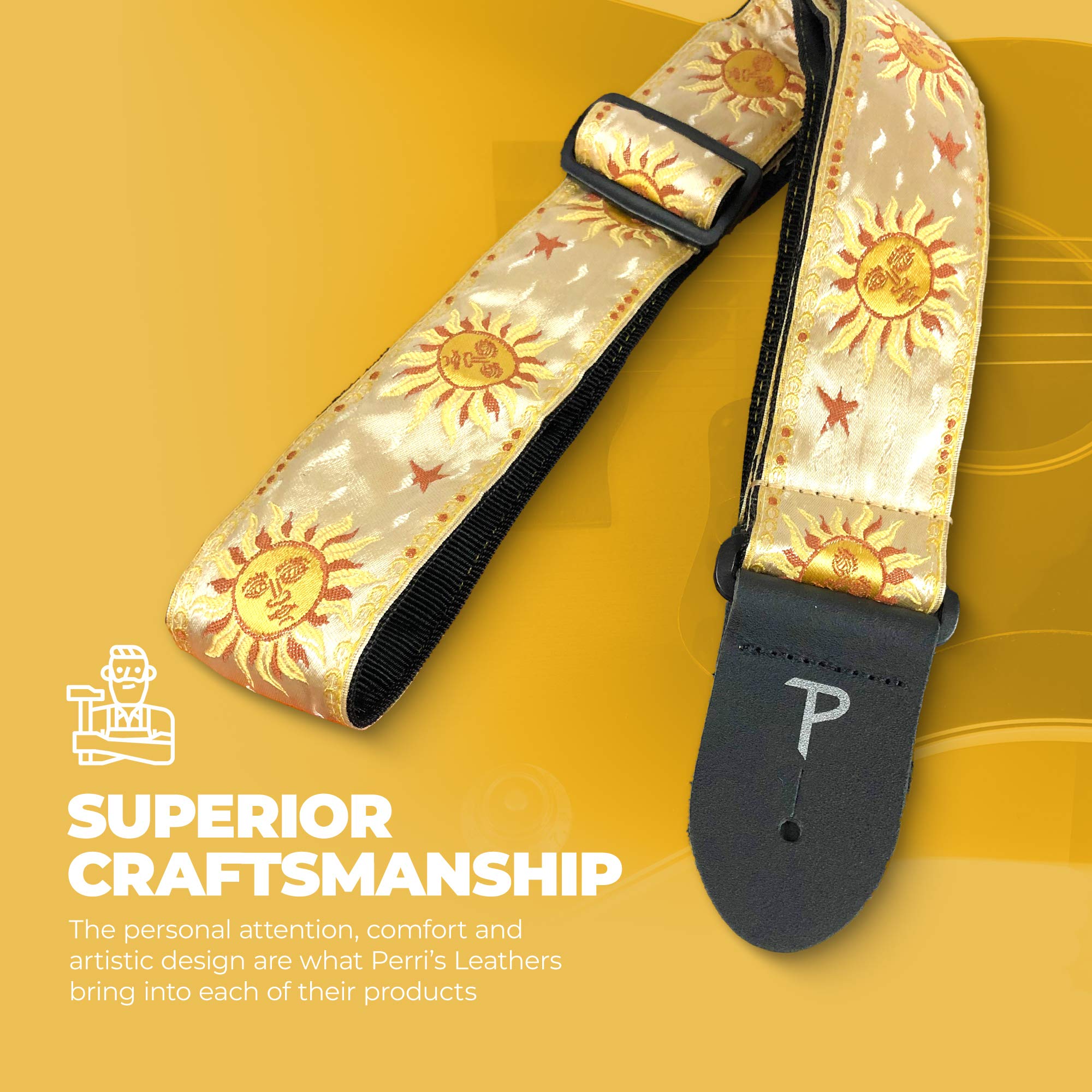 Perris Leather Guitar Strap - Sunshine Motif Jacquard Ribbon Guitar Strap, with Leather Ends - Electric/Acoustic/Bass Guitar Strap - Adjustable Strap From 39″ to 58″ - Gold