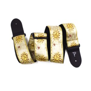 Perris Leather Guitar Strap - Sunshine Motif Jacquard Ribbon Guitar Strap, with Leather Ends - Electric/Acoustic/Bass Guitar Strap - Adjustable Strap From 39″ to 58″ - Gold