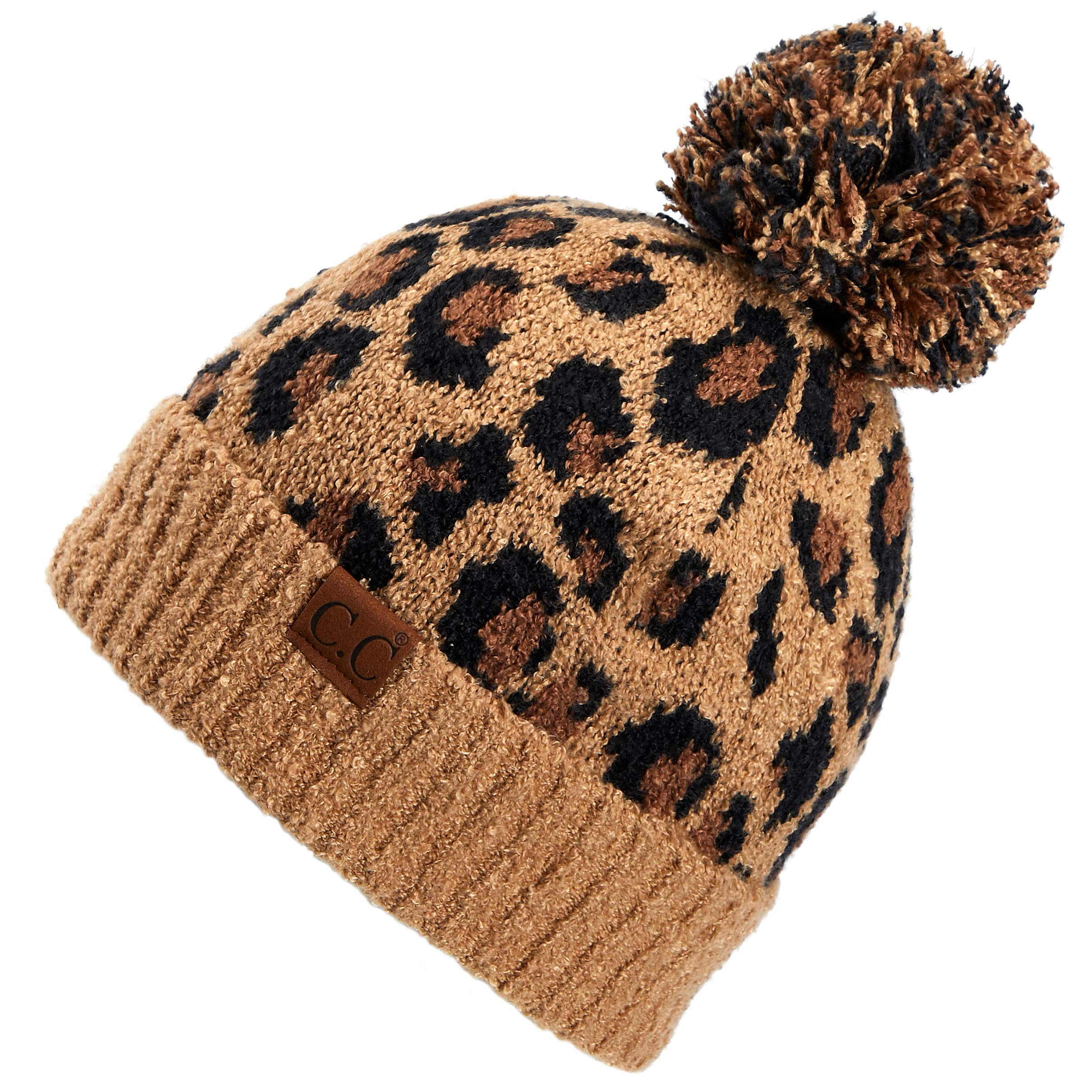 C.C Exclusives Soft Beanie hat with Leopard Pattern and Fur Pom(HAT-7001) (Latte-Leopard Pom)