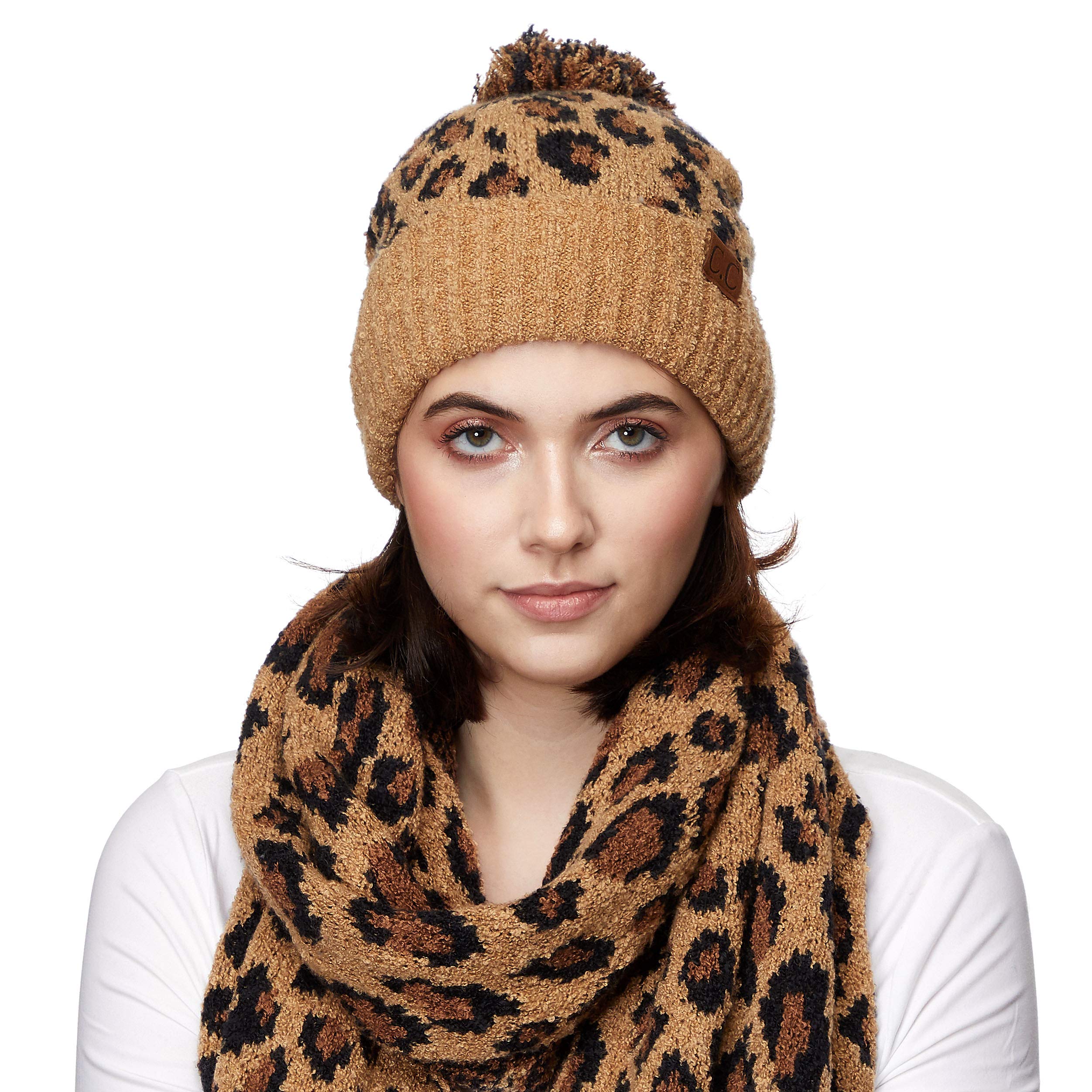 C.C Exclusives Soft Beanie hat with Leopard Pattern and Fur Pom(HAT-7001) (Latte-Leopard Pom)