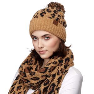 C.C Exclusives Soft Beanie hat with Leopard Pattern and Fur Pom(HAT-7001) (Latte-Leopard Pom)