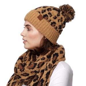 C.C Exclusives Soft Beanie hat with Leopard Pattern and Fur Pom(HAT-7001) (Latte-Leopard Pom)