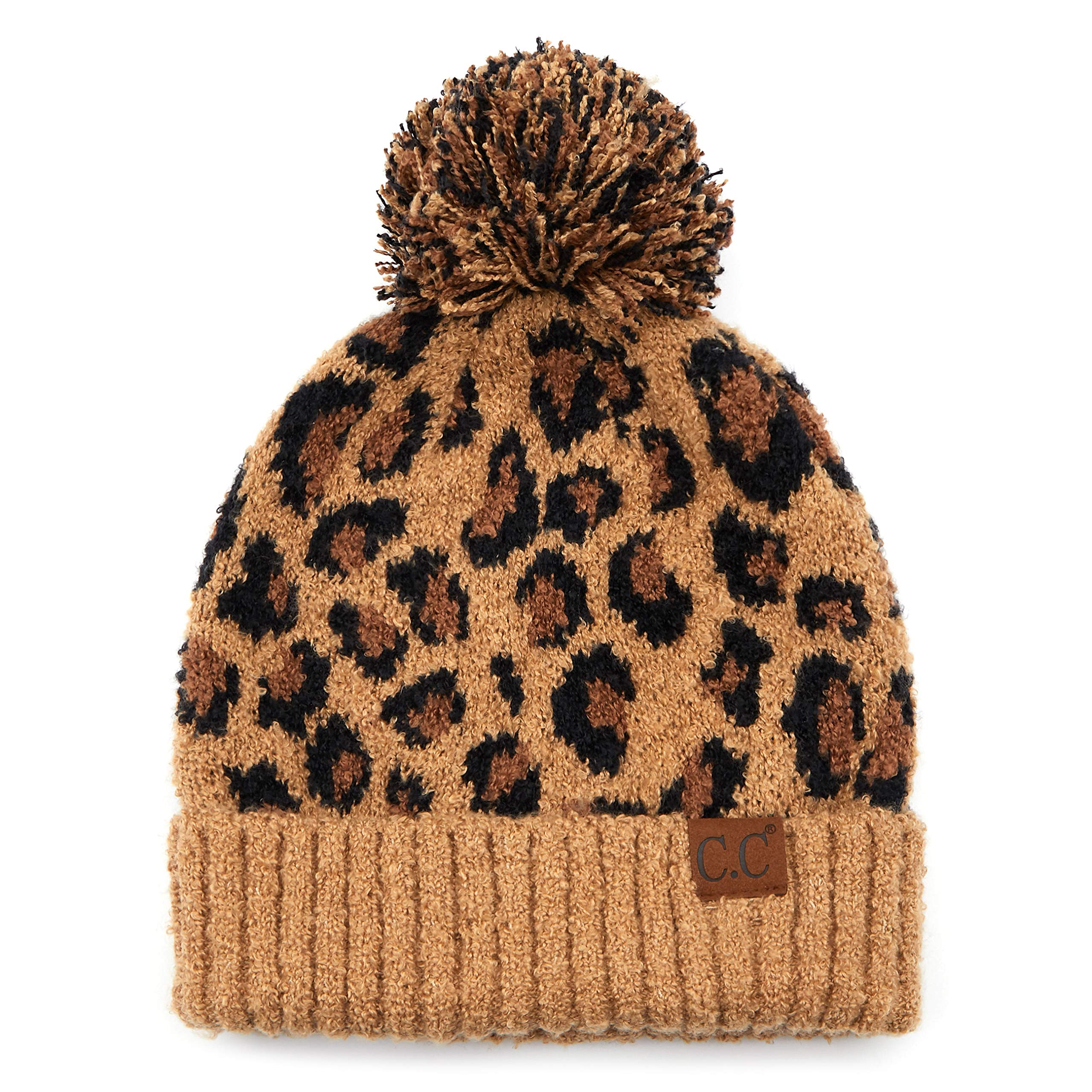 C.C Exclusives Soft Beanie hat with Leopard Pattern and Fur Pom(HAT-7001) (Latte-Leopard Pom)