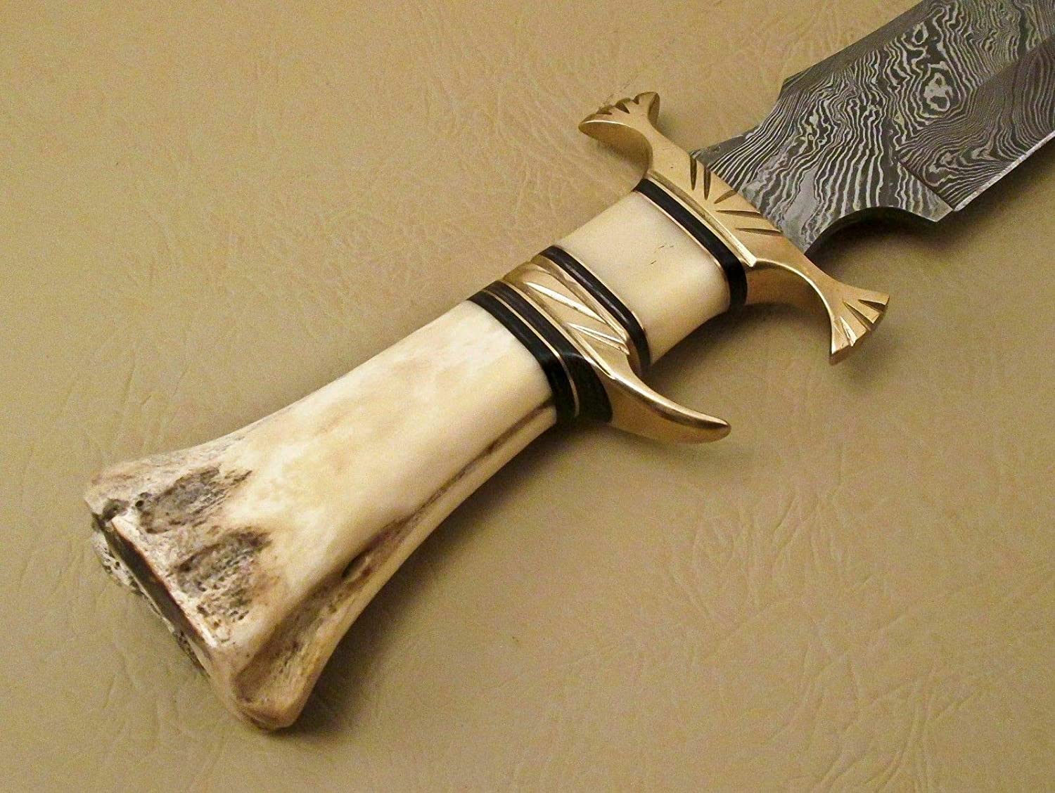 Skokie Knives Custom Hand Made Damascus Steel Hunting Knife Handle Camel Bone