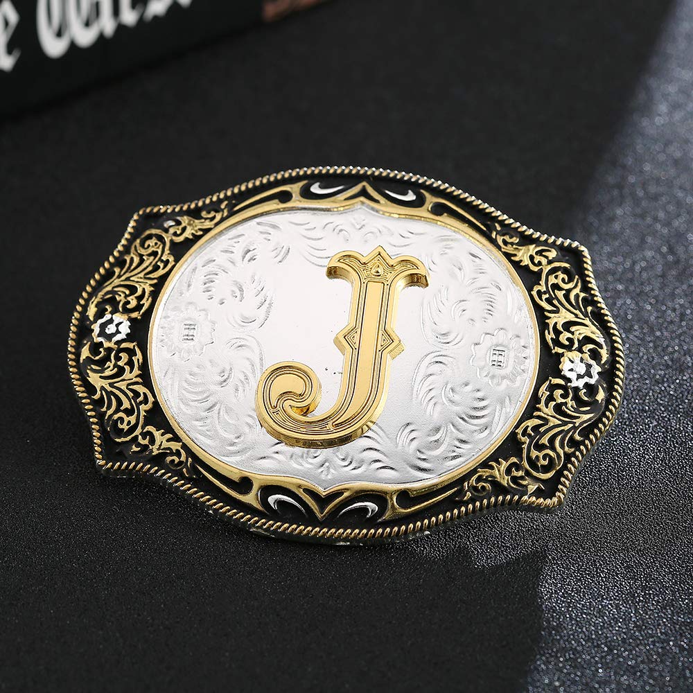 Western Belt Buckle Initial Letters ABCDMRJ to Z Cowboy Rodeo Small Gold Belt Buckles for Men Women (J)