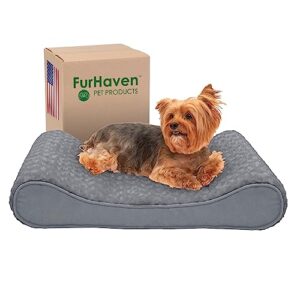 Furhaven Memory Foam Dog Bed for Medium/Small Dogs w/ Removable Washable Cover, For Dogs Up to 23 lbs - Ultra Plush Faux Fur & Suede Luxe Lounger Contour Mattress - Gray, Medium