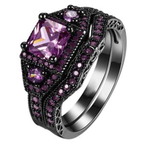 Black Gold Plated Womens Wedding Ring Sets Bridal Sets Princess cut Purple Cz Engagement Ring Wedding Band