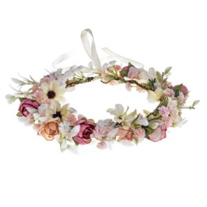 Floral Fall Camellia Flower Crown Rose Headpiece Wedding Bridal Flower Girl Halo Maternity Photo Props FL-03 (Pink Flower with Babysbreath)