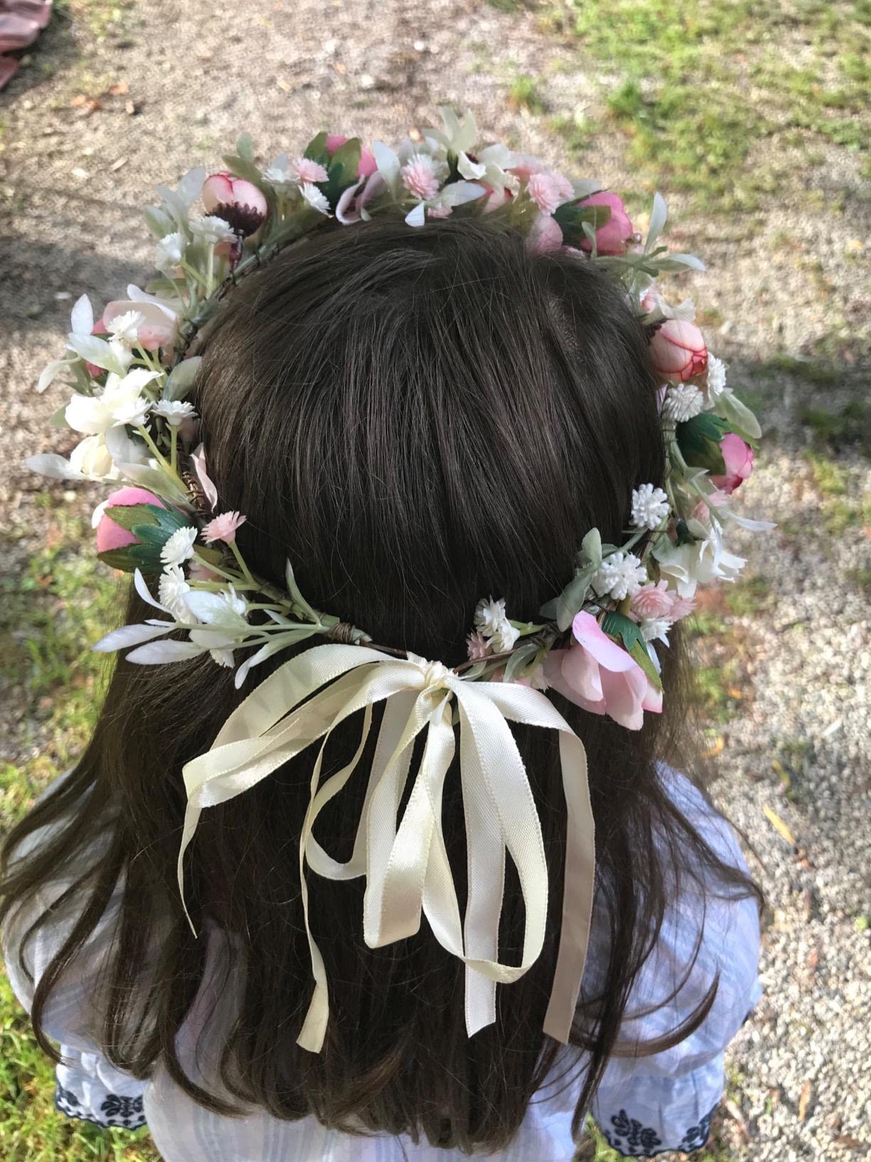 Floral Fall Camellia Flower Crown Rose Headpiece Wedding Bridal Flower Girl Halo Maternity Photo Props FL-03 (Pink Flower with Babysbreath)