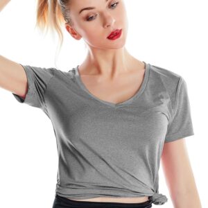 Zengjo Exercise Shirts Women Quick Dry V Neck(Heather Grey,S)