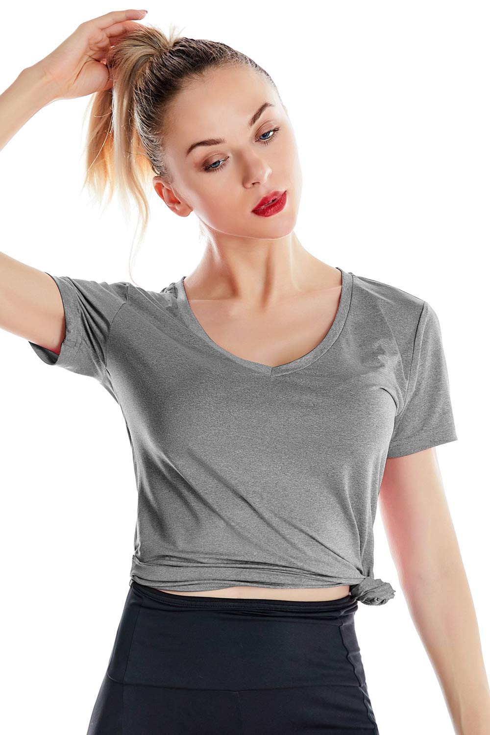 Zengjo Exercise Shirts Women Quick Dry V Neck(Heather Grey,S)