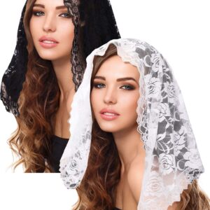 2 Pieces Floral Lace Veils Head Covering Latin Mass Mantilla Veils Short Scarf for Bridal Women (Simple Style,Medium)