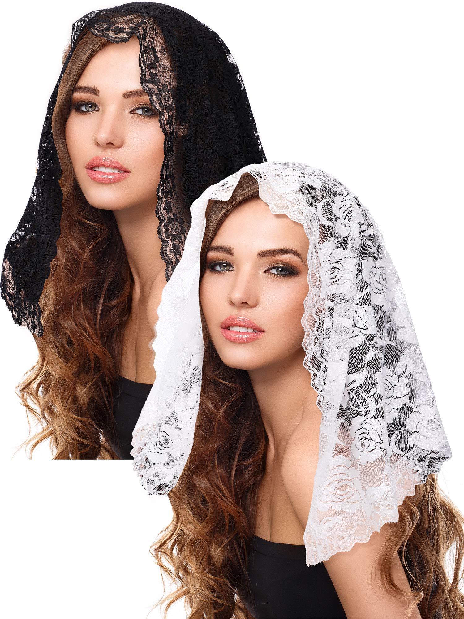 2 Pieces Floral Lace Veils Head Covering Latin Mass Mantilla Veils Short Scarf for Bridal Women (Simple Style,Medium)