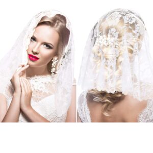 2 Pieces Floral Lace Veils Head Covering Latin Mass Mantilla Veils Short Scarf for Bridal Women (Simple Style,Medium)