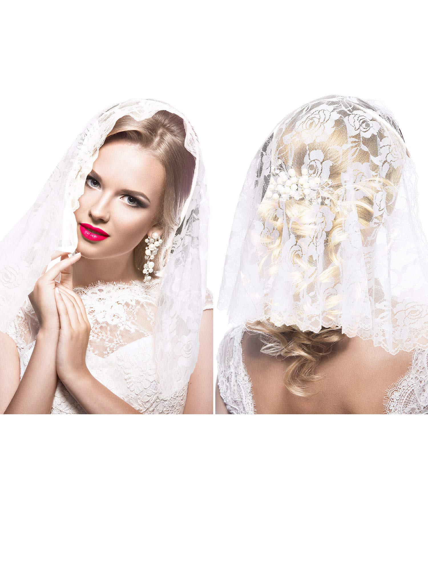 2 Pieces Floral Lace Veils Head Covering Latin Mass Mantilla Veils Short Scarf for Bridal Women (Simple Style,Medium)