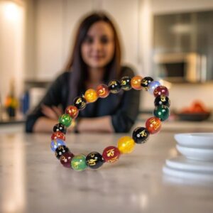 DHYANARSH Om Mani Padme Hum Engraved Multicolor Stone Crystal Bracelet - Natural Healing Stones for Reiki, Tarot & Feng Shui