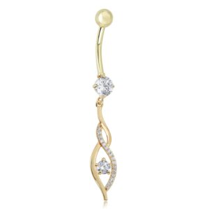 AVORA 10K Yellow Gold Simulated Diamond CZ Dangling Flame Belly Button Ring Body Jewelry (14 Gauge)