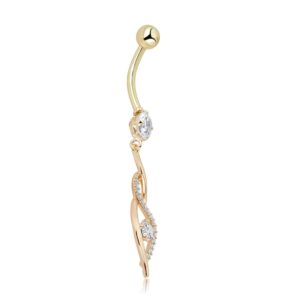 AVORA 10K Yellow Gold Simulated Diamond CZ Dangling Flame Belly Button Ring Body Jewelry (14 Gauge)