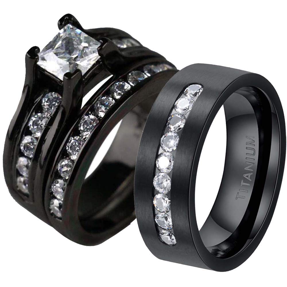 ringheart 2 Rings His Her Wedding Ring Sets for Him and Her Couple Rings Black Matching Ring Women Engagement