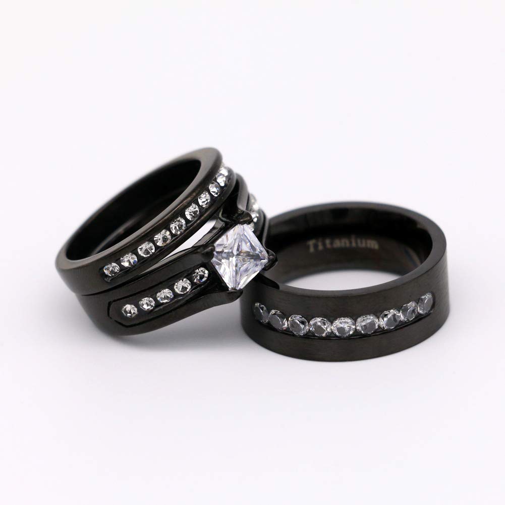 ringheart 2 Rings His Her Wedding Ring Sets for Him and Her Couple Rings Black Matching Ring Women Engagement