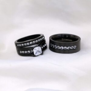 ringheart 2 Rings His Her Wedding Ring Sets for Him and Her Couple Rings Black Matching Ring Women Engagement