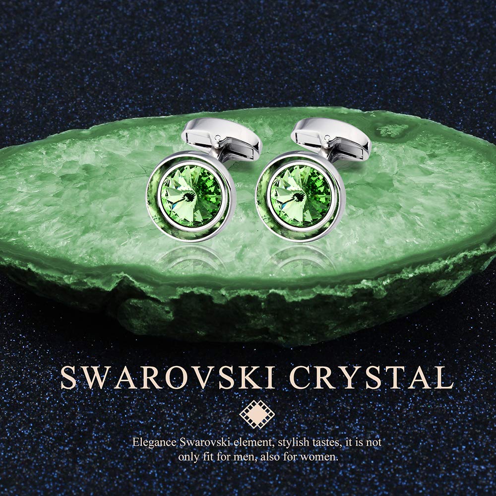 HAWSON Cufflinks for Men-Fashion Silver Color with Green Swarovski Crystal Men French Shirt Cufflinks for Regular Weeding Business