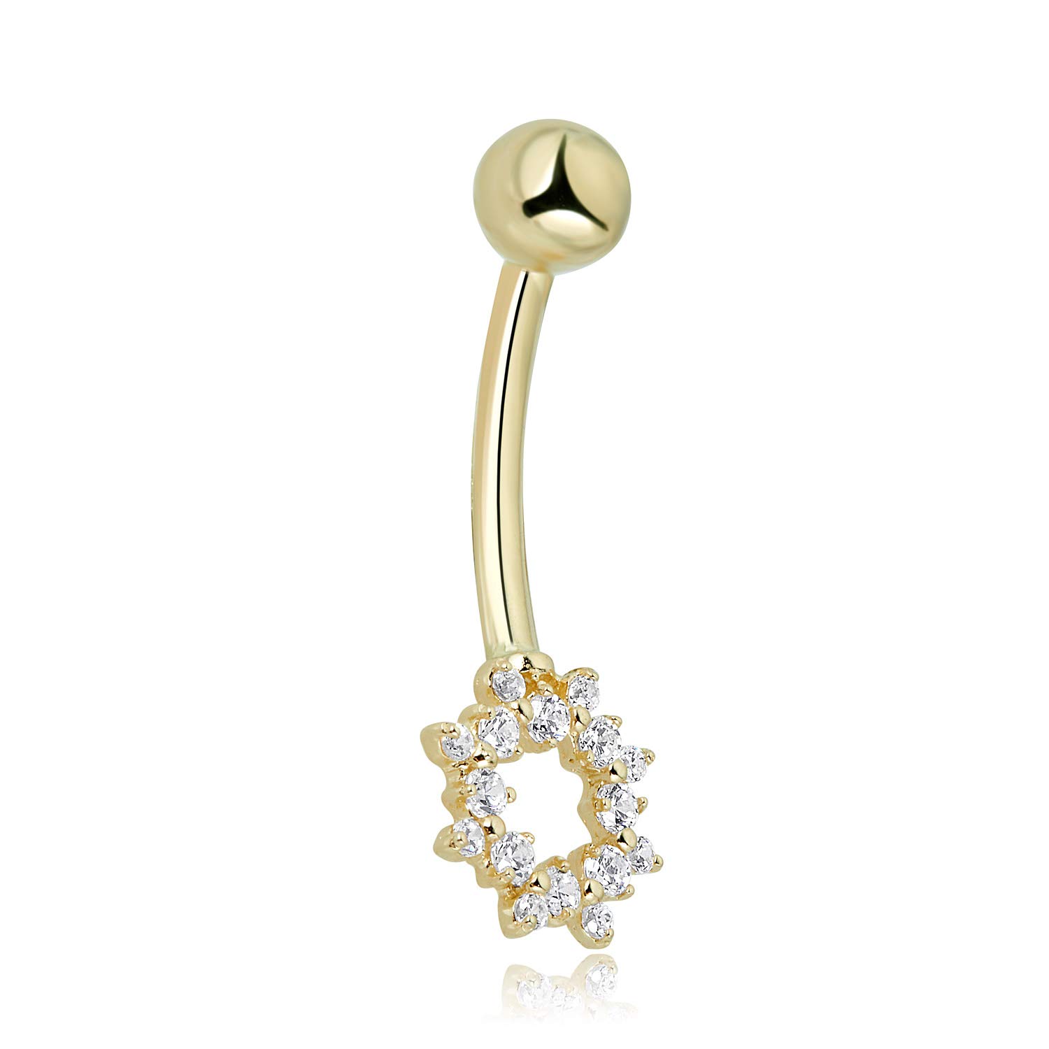 AVORA 10K Yellow Gold Simulated Diamond CZ Open Sunburst Belly Button Ring Body Jewelry (14 Gauge)