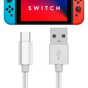 TALK WORKS Nintendo Switch Charger USB C Braided Nylon Cable Accessory - Extra Long 6' Flexible Charging Cord For Switch Lite / OLED (Silver)