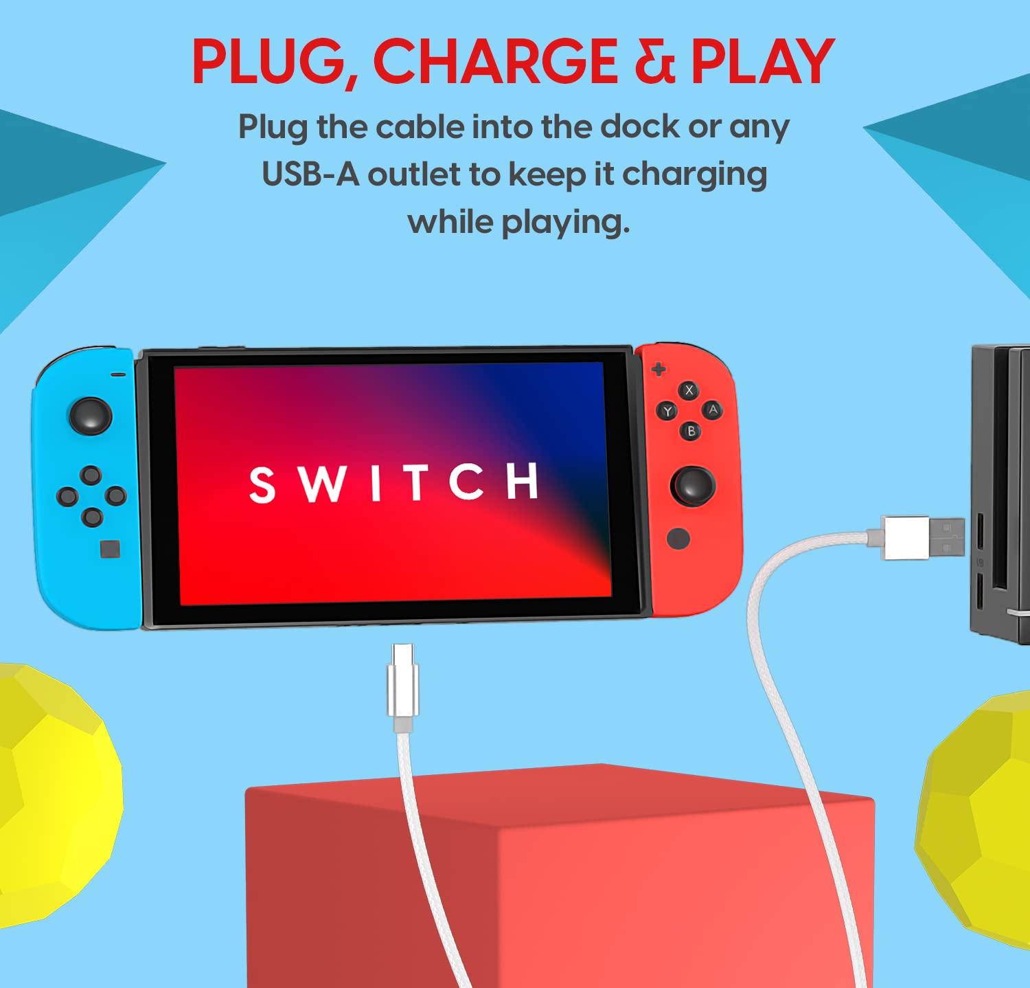 TALK WORKS Nintendo Switch Charger USB C Braided Nylon Cable Accessory - Extra Long 6' Flexible Charging Cord For Switch Lite / OLED (Silver)