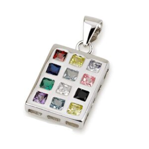 Silver 925 Pendant of Priestly Breastplate 12 Tribes of Israel Hoshen Charm Necklace with Rainbow Zircons Judaica Jerusalem Gift