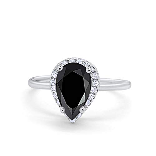 Simulated Black Cubic Zirconia Size-6 Halo Teardrop Pear Wedding Engagement Ring Round Simulated Cubic Zirconia 925 Sterling Silver