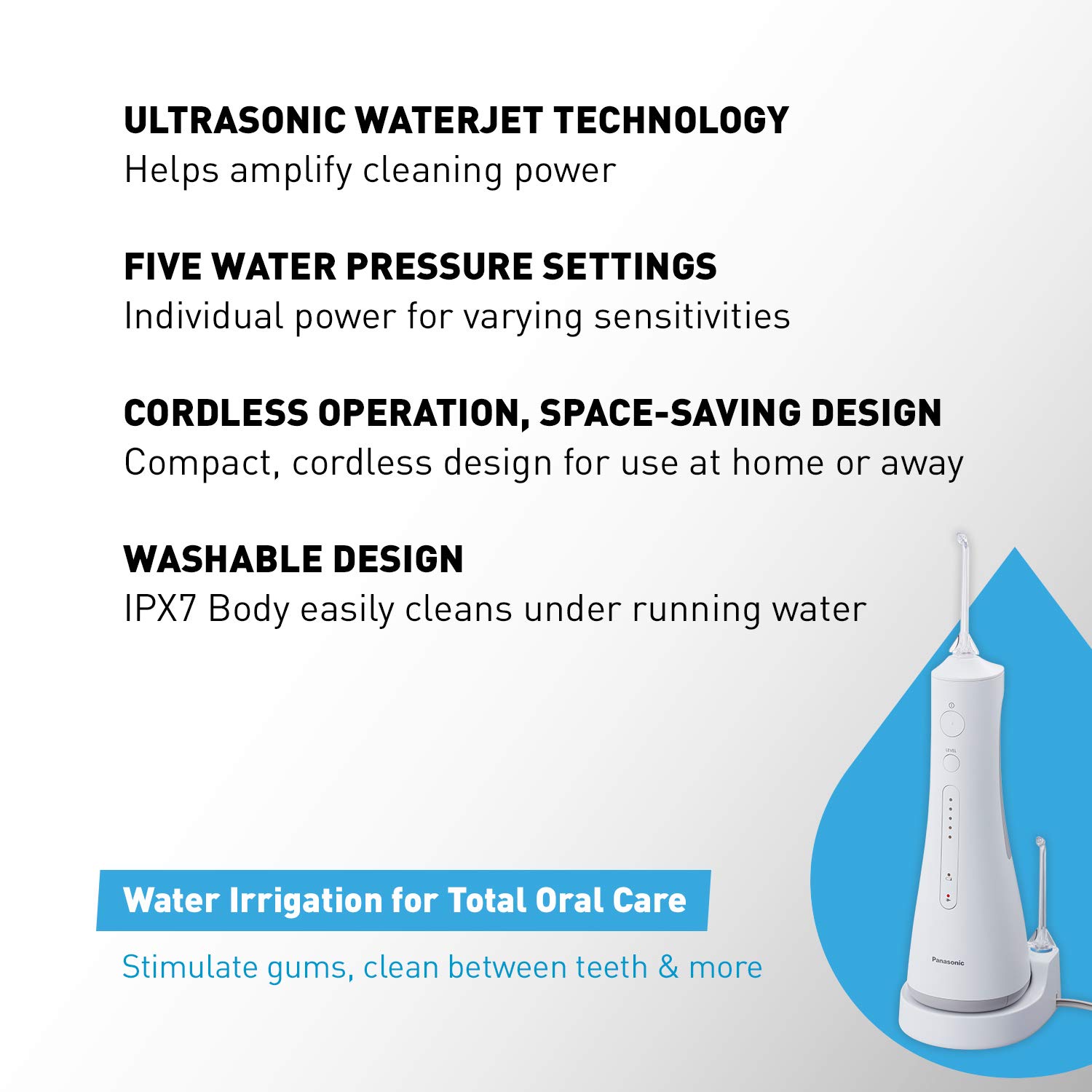 Panasonic Professional Cordless Water Flosser for Dental, Bridge and Orthodontic Care, Portable Oral Irrigator with Ultrasonic Cleaning – EW1511W (White)