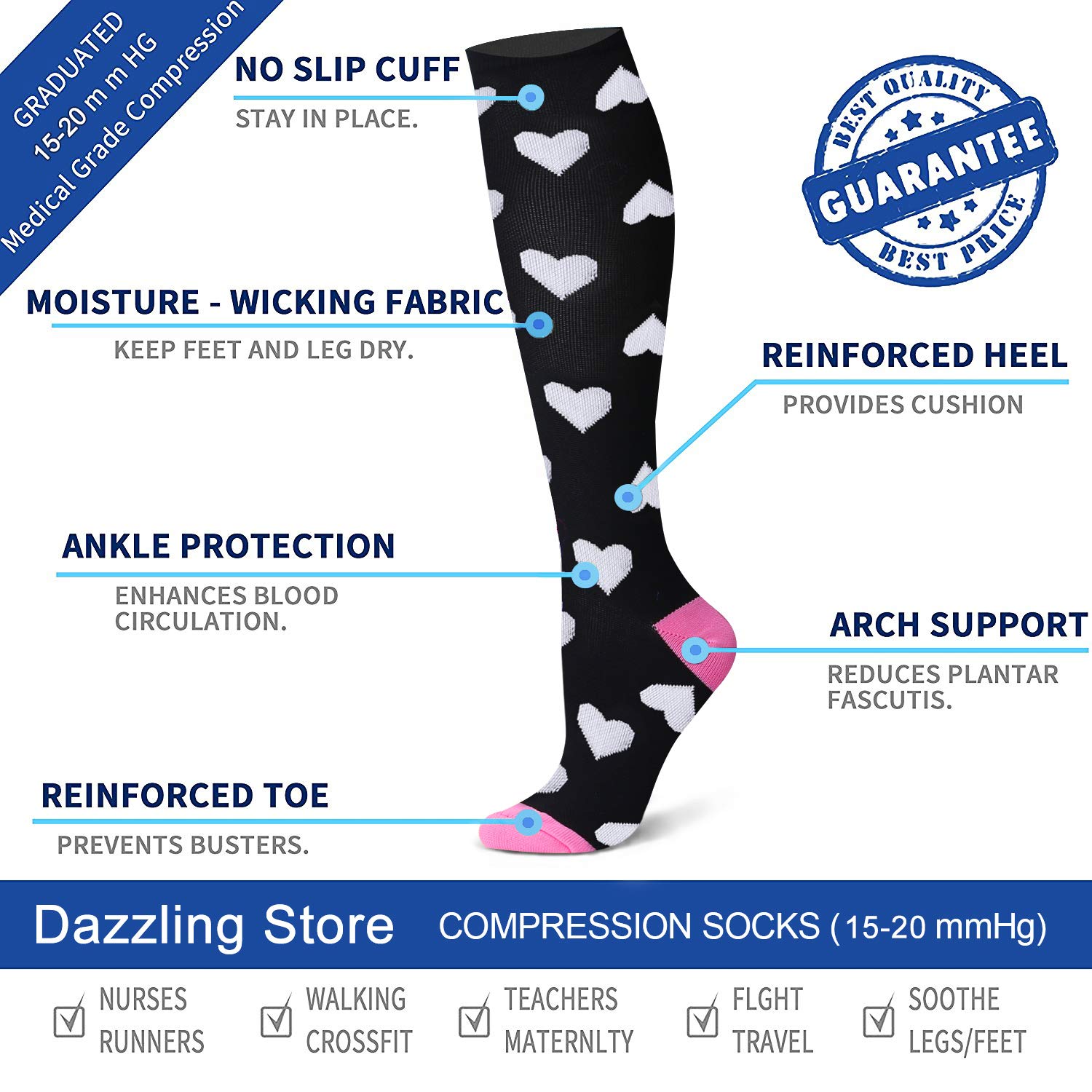 WITHYOU Compression Socks (8 Pairs), 15-20 mmHg is Best Athletic for Men & Women, Running, Flight, Travel, Pregnant - Boost Performance, Blood Circulation & Recovery (8 Assorted 7, L/XL)