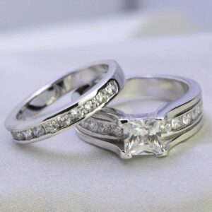 Bridal Sets White Gold Plated Womens Wedding Ring Sets Princess Cut Cz Engagement Ring 2pcs Wedding Band