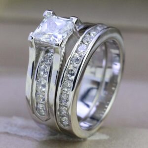 Bridal Sets White Gold Plated Womens Wedding Ring Sets Princess Cut Cz Engagement Ring 2pcs Wedding Band