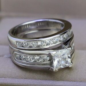 Bridal Sets White Gold Plated Womens Wedding Ring Sets Princess Cut Cz Engagement Ring 2pcs Wedding Band