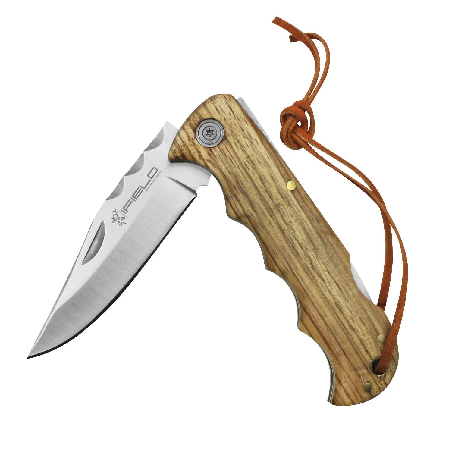 iFIELD Folding knife Camper EL29036 blade, with 4.2 inch zebra wood handle, total 8 inch, includes cord, camping tool for fishing, hunting, sport activity.