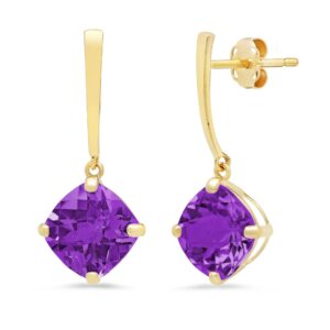 max + stone 14k yellow gold solitaire cushion cut purple amethyst drop dangle earrings for women 8mm february birthstone with push backs