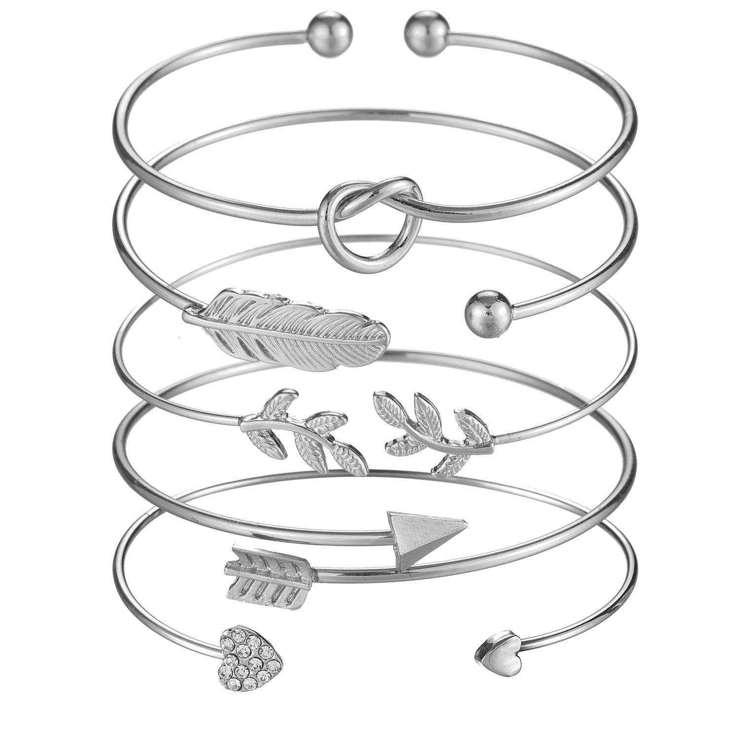 Softones 5pcs Bangle Silver Bracelets for Women Heart|Olive Leaf|Arrow|Feather|Knot Heart Open Cuff Bracelet Set Adjustable