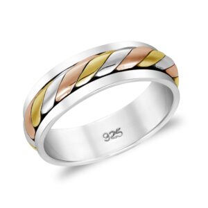 AeraVida Unisex Stylish Triple Colored Finish Rose Gold & Gold Plated with Silver Braided Design Sterling Silver Ring Sizes 6-8 for Cute & Versatile Fashion & Style